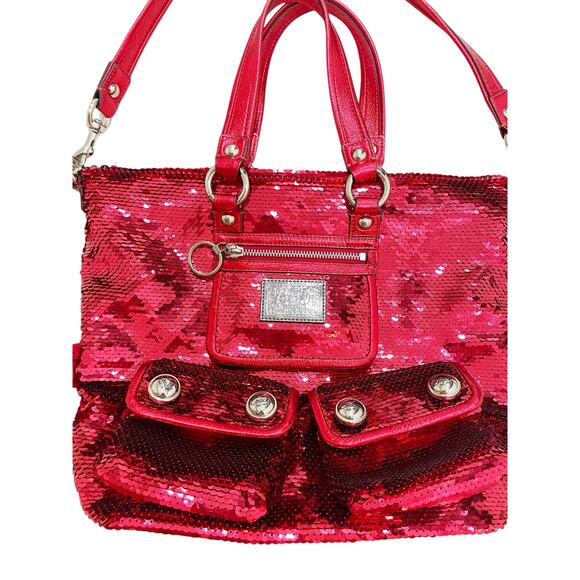 Coach Poppy Red Sequin Glam Tote Shoulder Bag Crossbody Rare - Picture 14 of 16